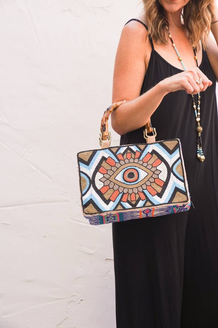 Bali ~ Boho Burlap Evil Eye Bag