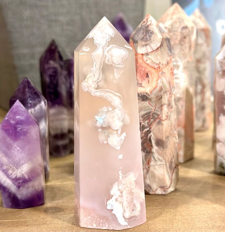 Chevron Amethyst and Flower Agate Pillars