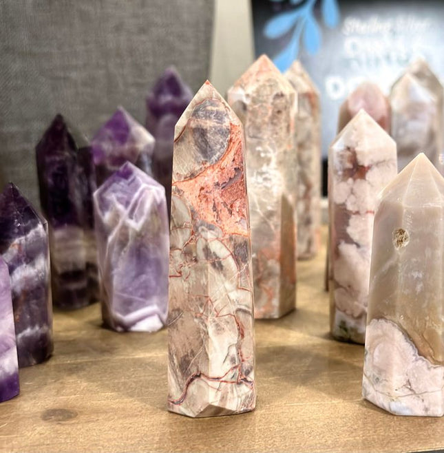 Chevron Amethyst and Flower Agate Pillars