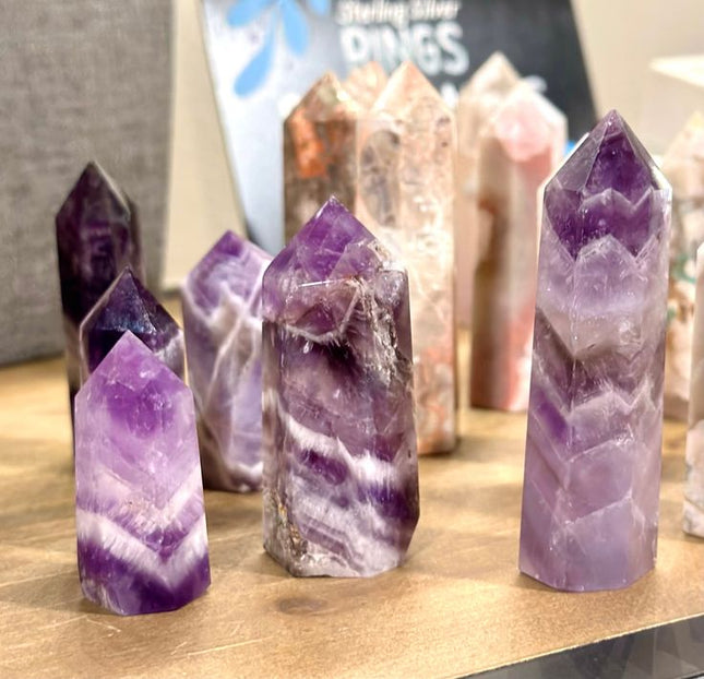 Chevron Amethyst and Flower Agate Pillars