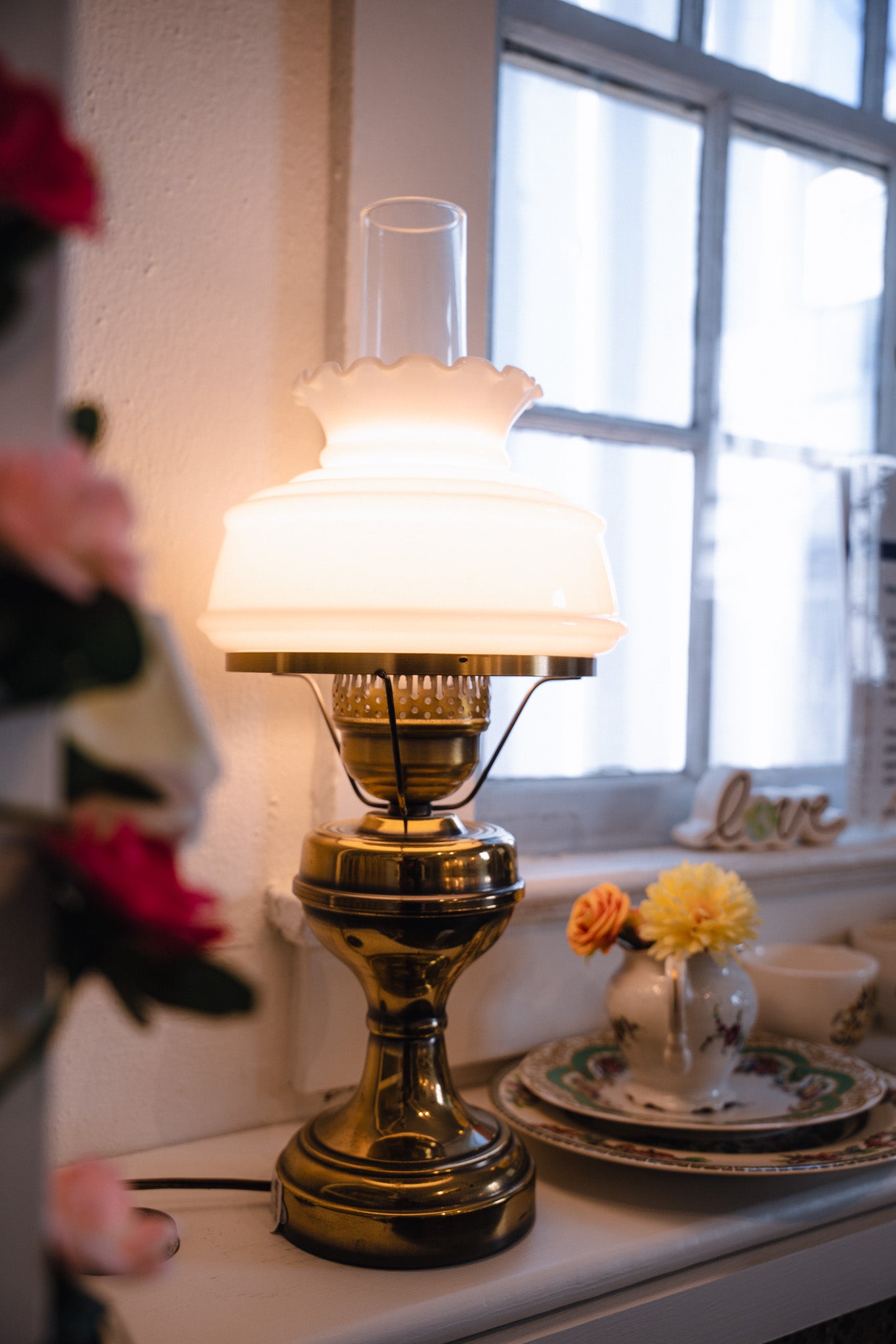 Vintage Hurricane Lamp with Brass Base