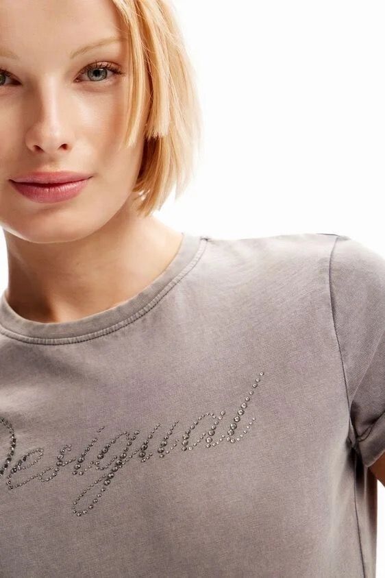 Desigual Slim-Fit Rhinestone T-Shirt - Gray