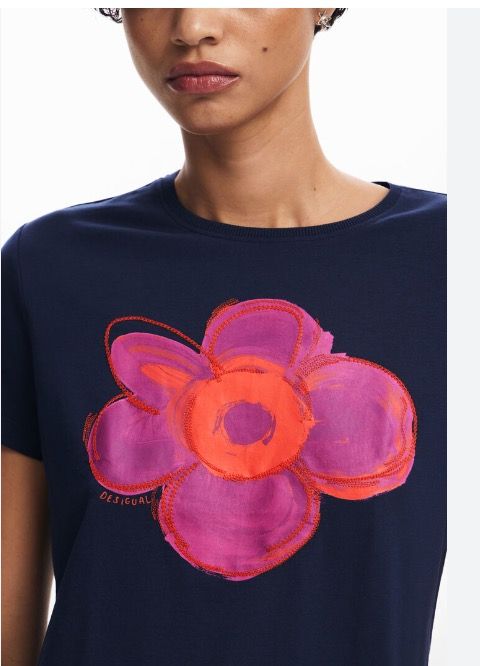 Desigual ~ Flower Illustration T-Shirt - Navy