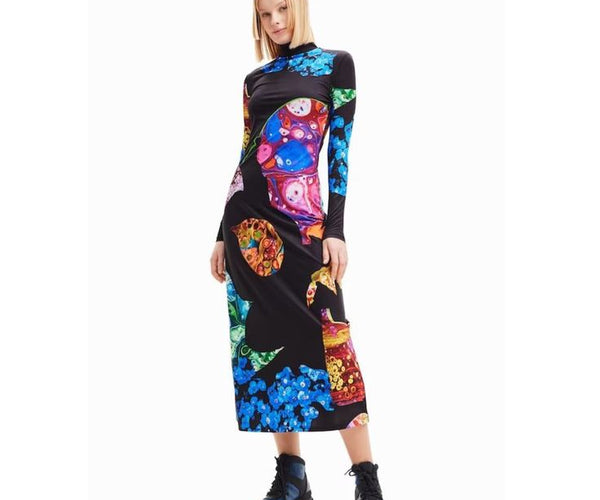 knee length dresses for ladies Desigual Black and Pink Floral Sleeveless V-Neck Midi Dress