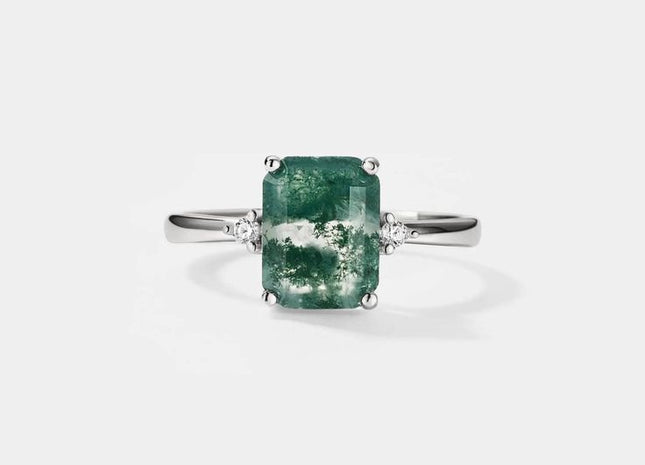 Emerald Cut Moss Agate Solitaire Ring