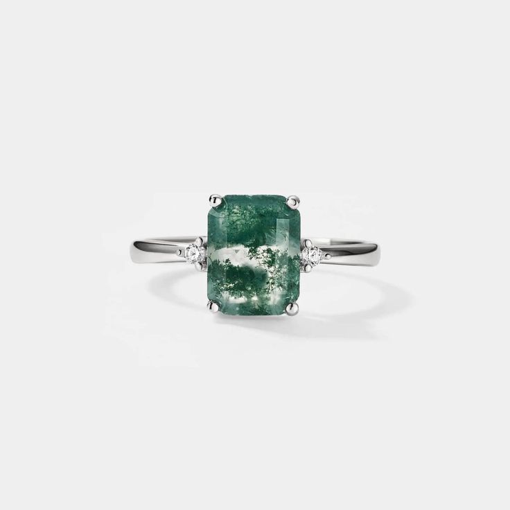 Emerald Cut Moss Agate Solitaire Ring in 925 Sterling Silver