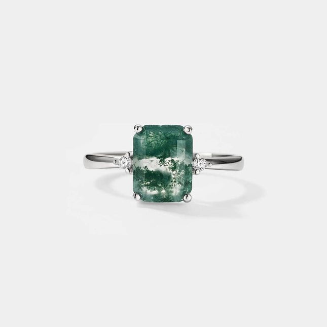 Emerald Cut Moss Agate Solitaire Ring