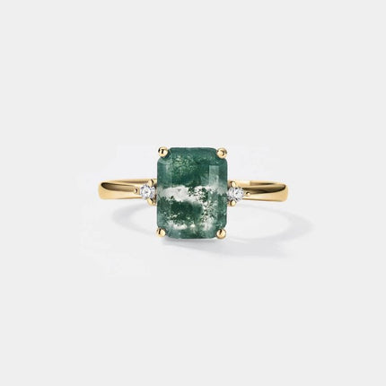 Emerald Cut Moss Agate Solitaire Ring