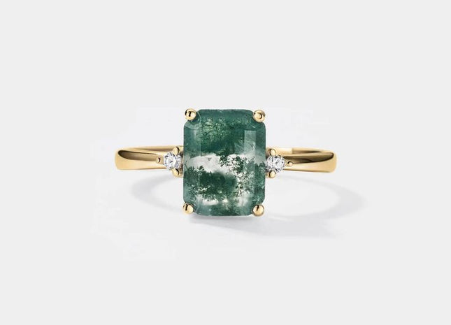 Emerald Cut Moss Agate Solitaire Ring