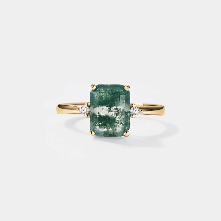 Emerald Cut Moss Agate Solitaire Ring in 925 Sterling Silver