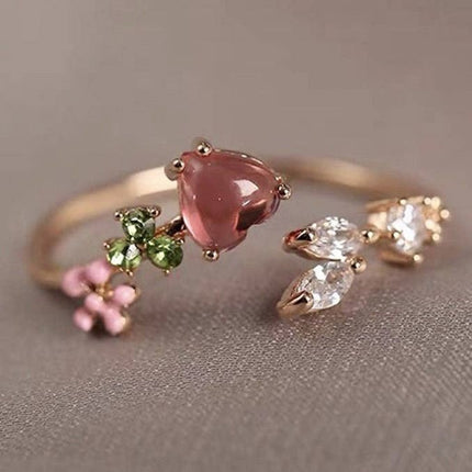 Heart & Blossom Open Ring | Rose Cabochon & 18k Gold