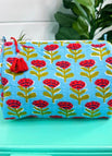 Blue and Red Floral Print Makeup Bag
