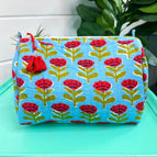 Blue and Red Floral Print Makeup Bag