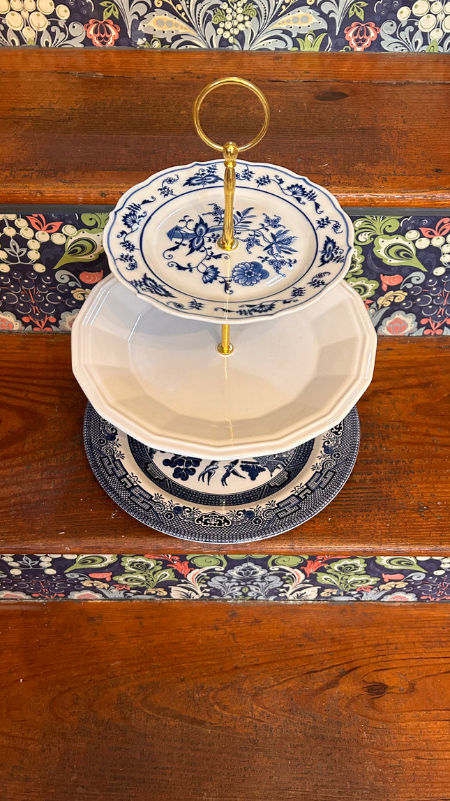 Blue Danube and Blue Willow Cake Stand