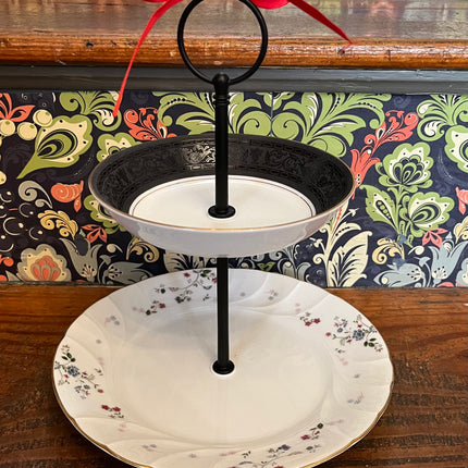 Vintage China ~ Black and Floral 2-Tier Stand