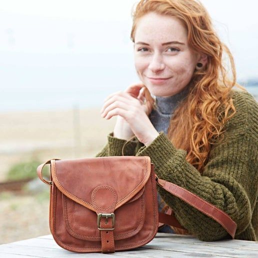 Curved Brown Leather Saddle Bag - Handmade