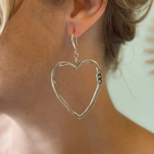 Bali Large Heart Earrings - Silver Plate