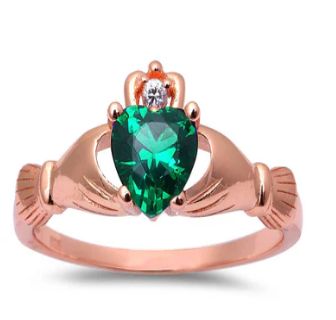 Rose Gold Green Emerald CZ Heart Claddagh Ring