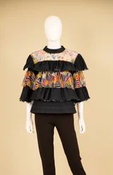 Samuel Dong ~ Denim & Lace Ruffle Blouse