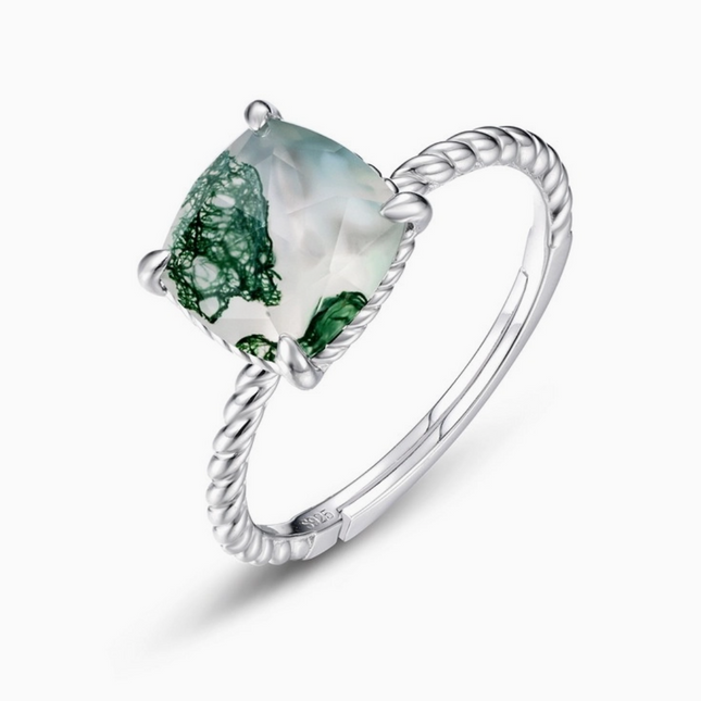 Cushion Cut Moss Agate Ring ~ Sterling Silver & Moss Agate