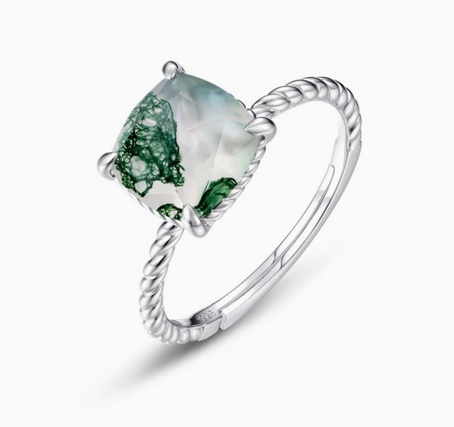 Cushion Cut Moss Agate Ring ~ Sterling Silver & Moss Agate
