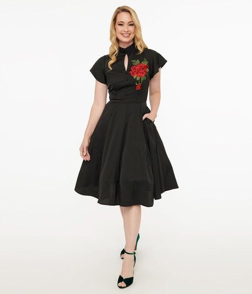 Unique Vintage ~ Red Poinsettia Swing Dress