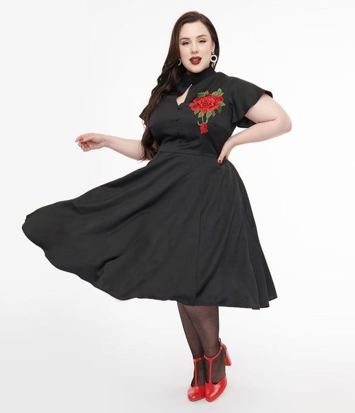 unique vintage dress Unique Vintage 1940s Black & Red Poinsettia Baltimore Swing Dress