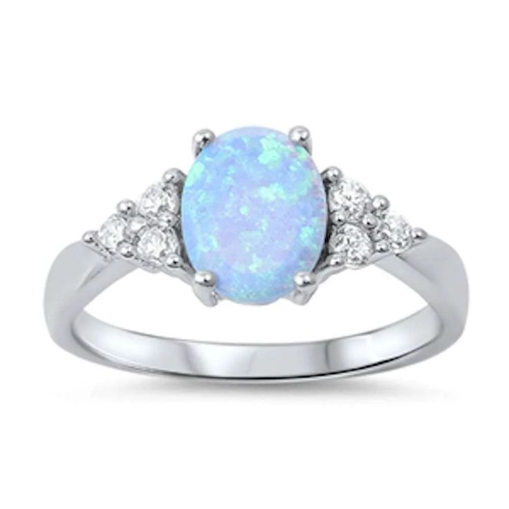 Sterling Silver Light Blue Fire Opal & Cubic Zirconia Ring