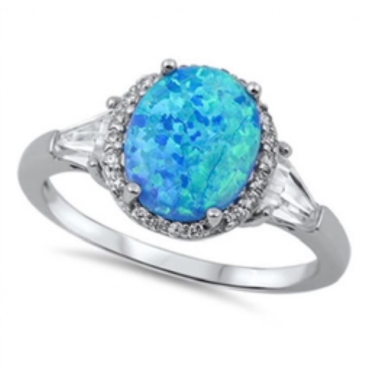 Sterling Silver Oval Blue Opal & Clear CZ Ring