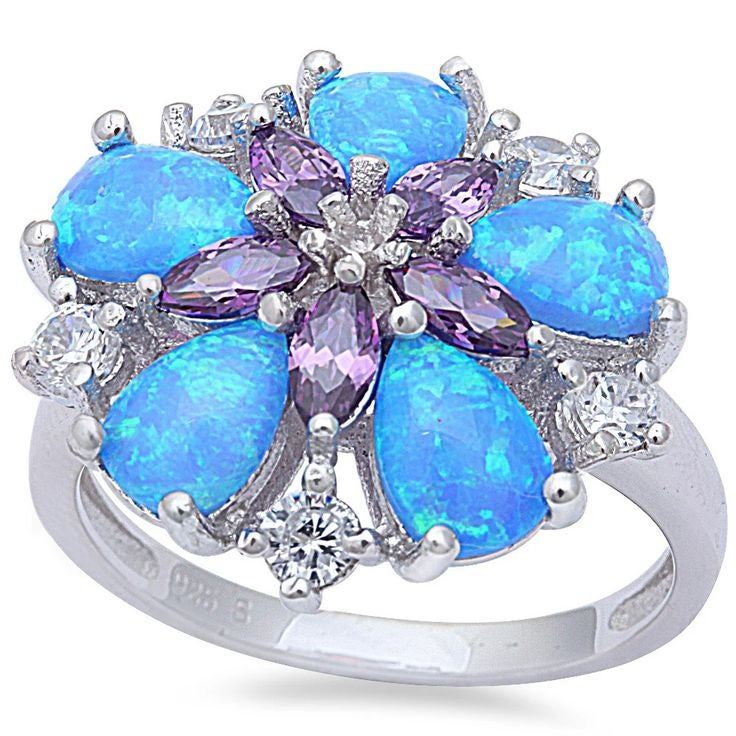 Sterling Silver ~ Blue Fire Opal and Amethyst Plumeria Ring