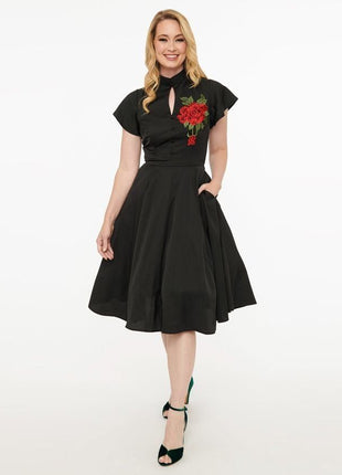 Unique Vintage - Black Swing Dress with Brooch