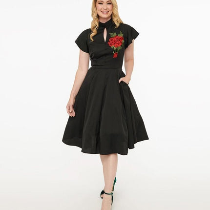 Unique Vintage - Black Swing Dress with Brooch
