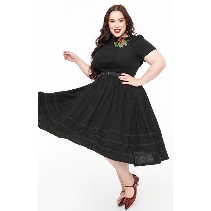 Unique Vintage - Black Swing Dress with Brooch