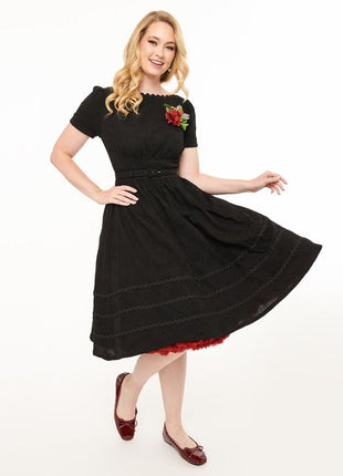 Unique Vintage - Black Swing Dress with Brooch