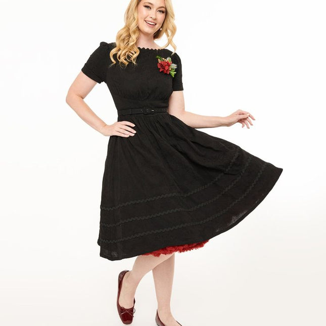 Unique Vintage - Black Swing Dress with Brooch