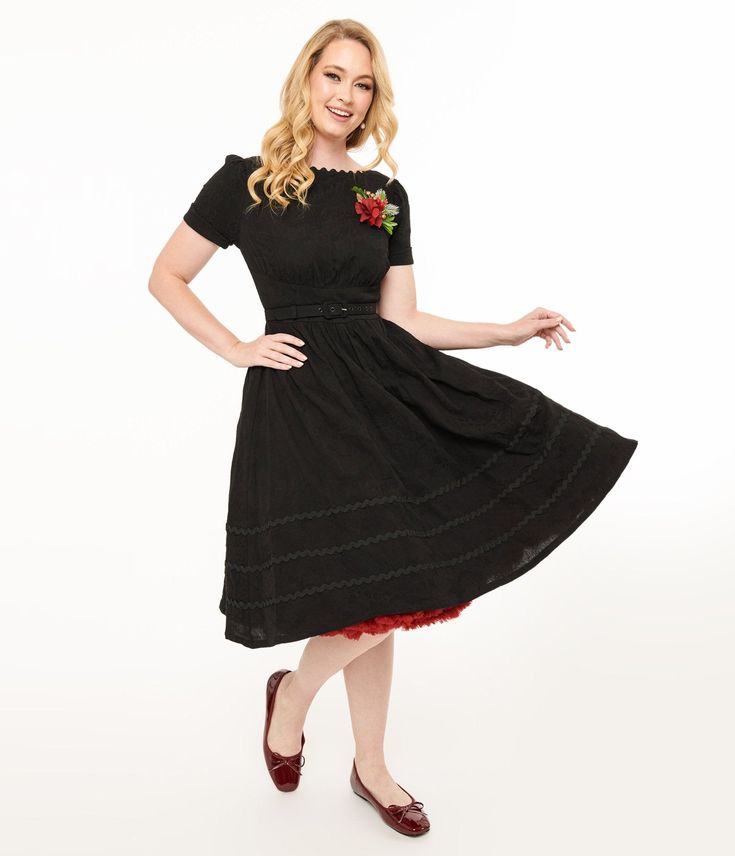 Unique Vintage - Black Swing Dress with Brooch