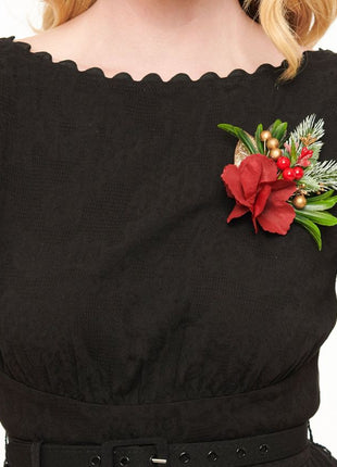 Unique Vintage - Black Swing Dress with Brooch
