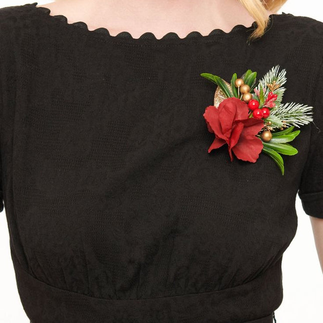Unique Vintage - Black Swing Dress with Brooch