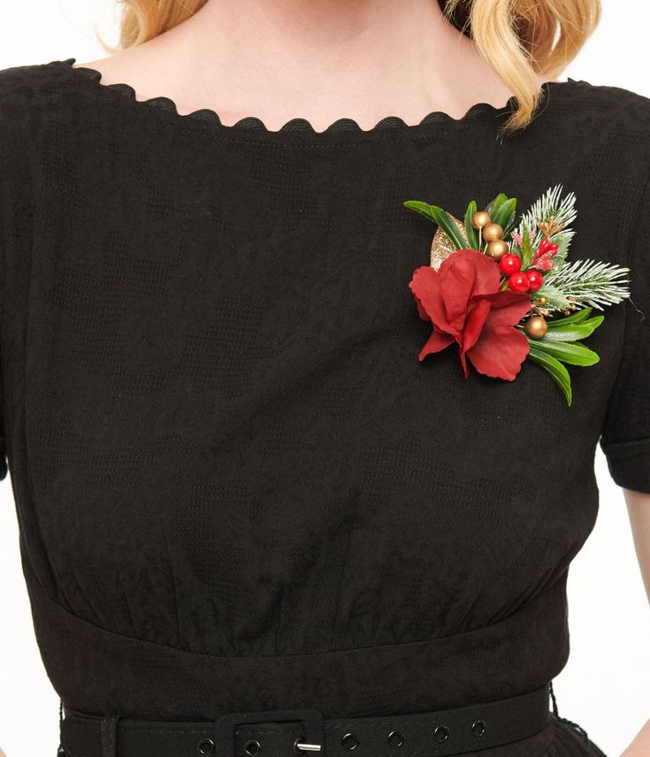 Unique Vintage - Black Swing Dress with Brooch