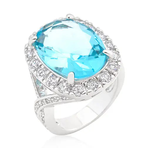 Oval Blue Topaz Rhodium Plated Ring